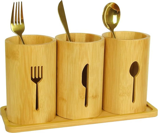 Bamboo Silverware Organizer Countertop, Flatware Caddy, Bamboo Utensil Holder for Party, Kitchen Table, Farmhouse