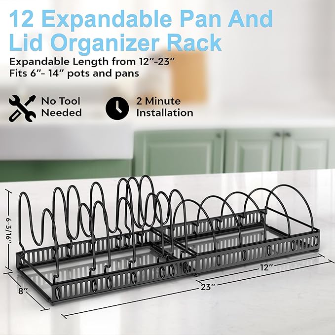 Expandable Pot Rack Organizer, Adjustable Kitchen Storage for Pots, Pans, and Lids