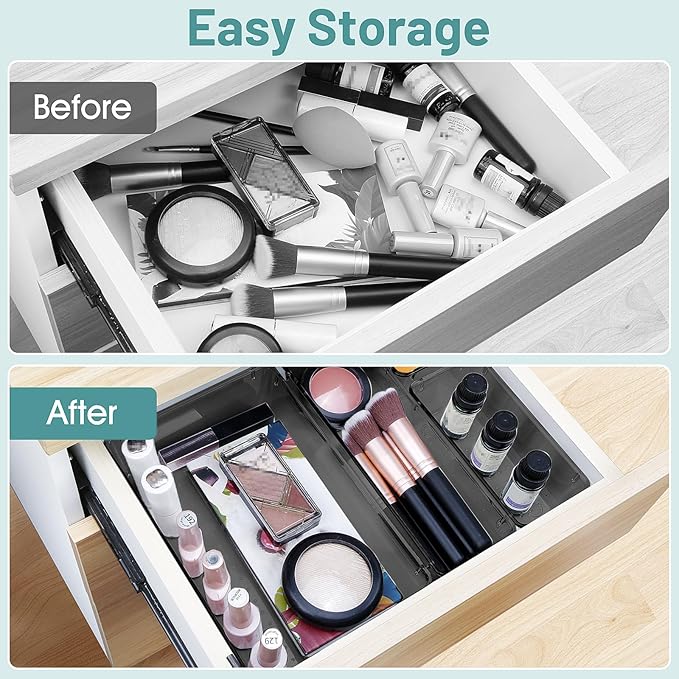 WOWBOX 13 PCS Plastic Drawer Organizer Set, Desk Drawer Divider Organizers and Storage Bins for Makeup, Jewelry, Gadgets for Kitchen, Bedroom, Bathroom, Office, Black