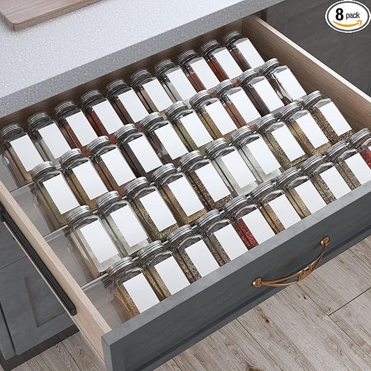 Antimbee Spice Drawer Organizer, 4 Tier- 8 Pack Kitchen Spice Rack Tray for Drawer, Acrylic Seasoning Organizer Rack Expandable From 13" to 26",Holds up 56 Spice Jars (Jars not Include)