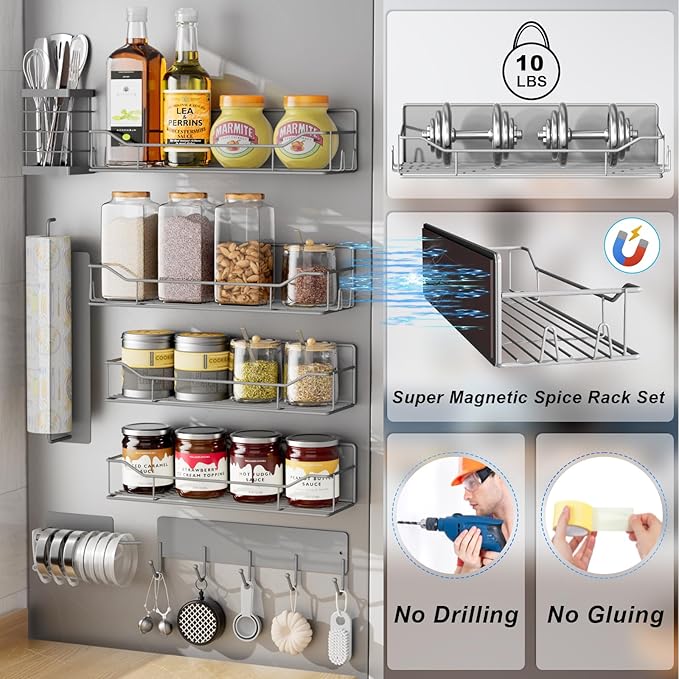 Magnetic Spice Rack for Refrigerator,8 Pack Magnetic Fridge Shelf, Moveable Spice Organizer with Hook Rack, Paper Towel Holder, Utensil Holder,cup lid holder, Super Magnetic Rack Set (Grey)