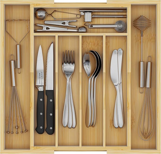 Bamboo Utensil Organizer for Kitchen Drawers, Expandable Utensil Tray and Cutlery Silverware Holder,Wood Drawer Dividers with 7 Adjustable Slots