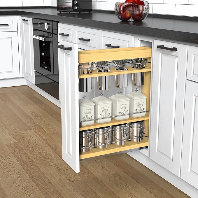 Pull Out Cabinet Organizer 8" Soft-Close Wood Pullout Shelf Organizer for Utilities Kitchen and Bathroom Base Cabinets, Slide Out Spice Rack