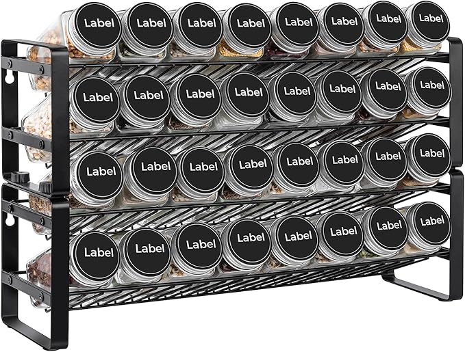 JONYJ Expandable Spice Rack Organizer for Cabinet, 4-tier Black Frosted Iron Countertop Stackable Seasoning Rack for Drawer, Wall Mount