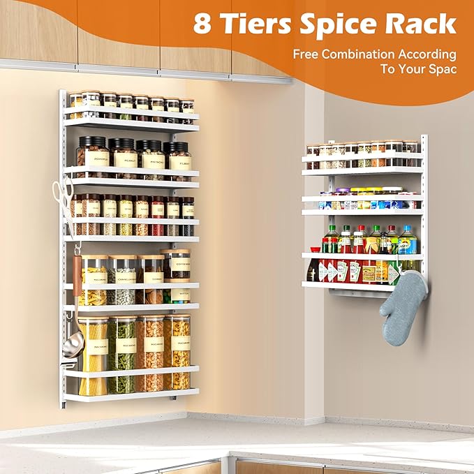 8-Tier-Over-the-Door-Pantry-Organizer W/ Adjustable Basket&Fence,Large Wall Mount Spice Rack Organizer, Hanging Spice Seasoning Shelf Organization For Kitchen Cabinet Door, Bathroom Door Storage