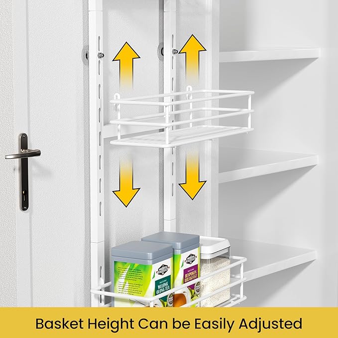 Pantry Door Organizer 12 Inch Wide, 5 Tier Hanging Adjustable Over the Door Spice Rack For Narrow Space,Matt White
