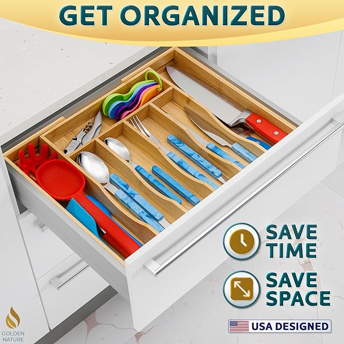 Bamboo Drawer Organizer for Silverware, Utensils, Kitchen Cutlery (14x10 inch Expands to 14x15 inch), Expandable Flatware Holder for Drawers