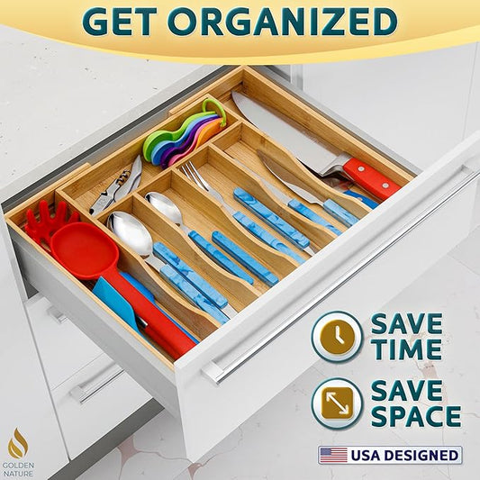 Bamboo Drawer Organizer for Silverware, Utensils, Kitchen Cutlery (14x10 inch Expands to 14x15 inch), Expandable Flatware Holder for Drawers