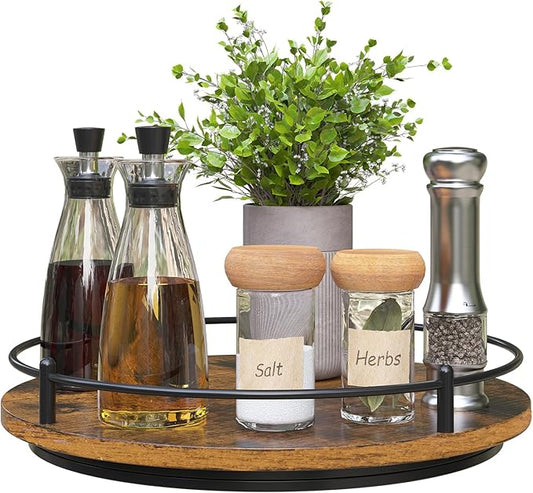 Lazy Susan Organizer：11 Inch Black Wooden Turntable Holder for Pantry&Dinning Table Rotating Round Spice Rack for Dresser Makeup, Counertop, Home&Kitchen