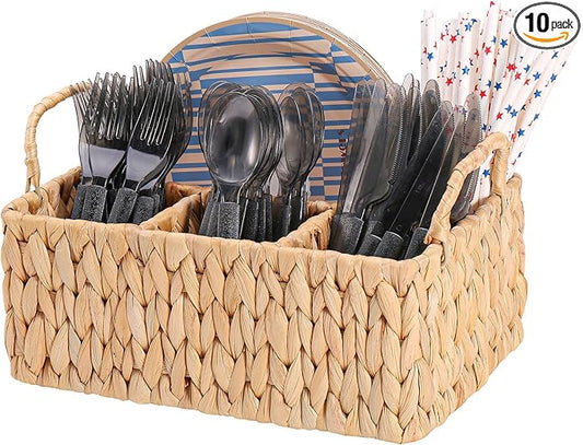 Wicker Party Silverware Caddy, Water Hyacinth Plastic Cutlery Utensil Holder, Hand Woven with Handles, Kitchen Countertop and Picnic flatware Organizer (4 compartments)