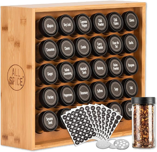 AllSpice Wood Spice Rack Organizer, 525 Unique Labels, Countertop or Wall Mount, Includes 30 4oz Jars- Bamboo