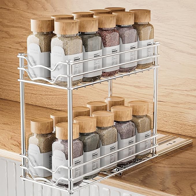 Pull Out Spice Rack Organizer for Inside Cabinet, Slide Out Chrome Spice Organization for Cabinet, Easy to Install Seasoning Organizer for Kitchen Storage, 4.9''Wx10.4''Dx9.57''H - 2 Tier