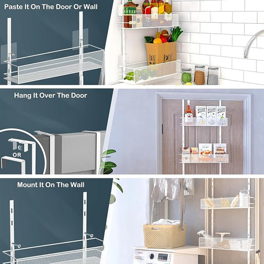 Over the Door Pantry Organizer - 6-Tier Mesh Basket Hanging & Wall Mounted Pantry Door Organizer, Over the Door Spice Rack with Adjustable Hooks for Kitchen, Bathroom, Bedroom, Storage Room (White)