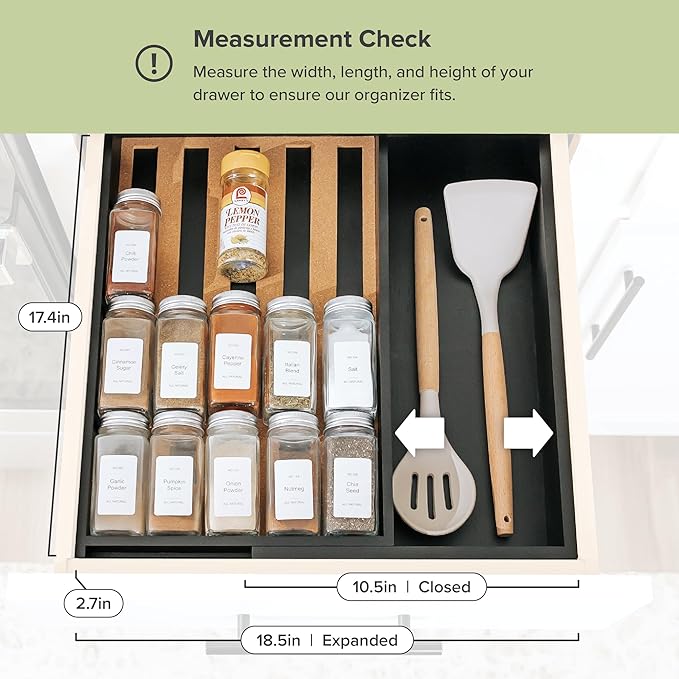 Spice Drawer Organizer with Expandable Storage. Holds up to 15 Spice Jars (Not Included), Non-Slip Feet, Kitchen Accessory Storage, 100% Sustainable Bamboo Wood, Food-Safe Black Finish