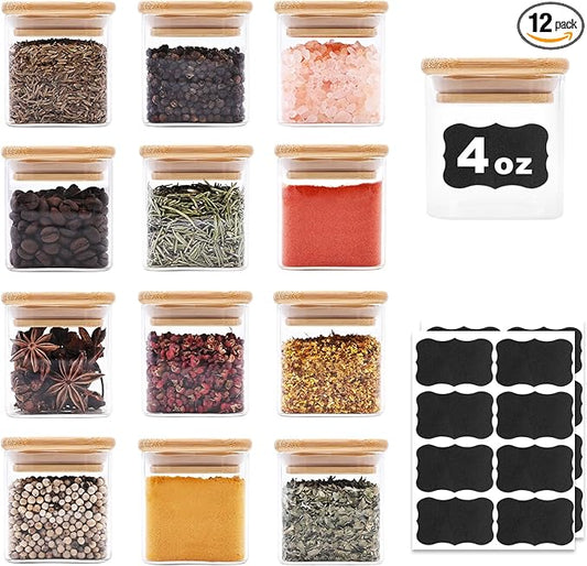 Glass Food Storage Jars Square 4oz, 12 Pack Glass Jars With Bamboo Lids, Kitchen Storage Containers For Spice, Candy, Cookie, Storage For Pantry Organizers