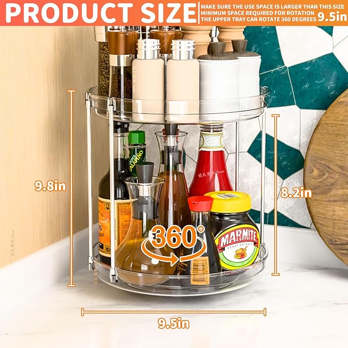 9.8" Tall 2 Tier Lazy Susan Organizer for Countertop,Cabinet and Pantry Shelf,Double Clear Spice Turntable & Rotating Spice Rack Organization and Vitamin & Medicine Cabinet Organizers Carousel
