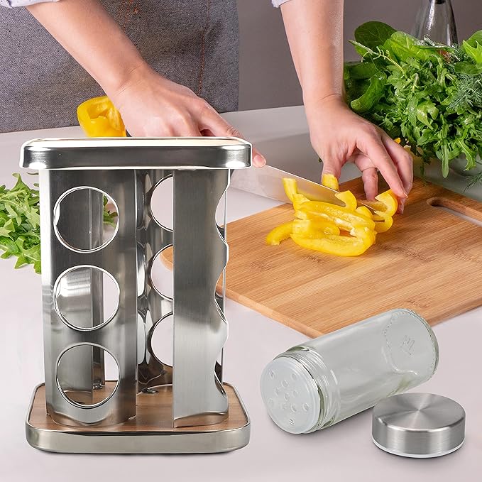 Revolving Countertop Spice Rack, 12 Jars Stainless Steel Rotating Seasoning Storage Organizer for Cabinet, Spice Carousel Tower for Kitchen
