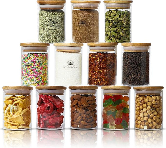 4/12 Pieces Glass Spice Jars with Bamboo Airtight Lids, Labels, Marker, and Cone- Clear Multipurpose Storage Containers (12)