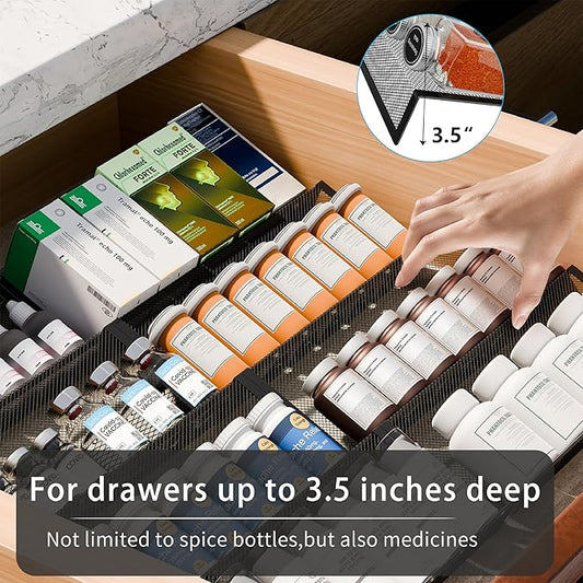 Simple Trending Spice Drawer Organizer,8 Piece Metal Mesh Expandable from 10.75" to 21.5" Insert,Hold up 48 Spice Jars Kitchen Countertop Rack Tray，for Drawer Countertop Jars not included