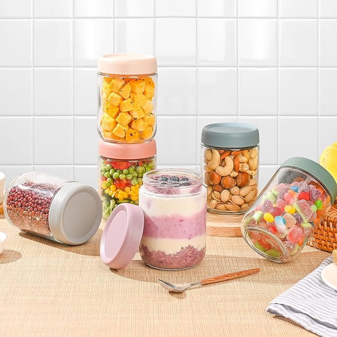 Overnight Oats Containers with Lids 6 Pack-16 Oz Mason Jar with Lids-Overnight Oats Jars Glass Food Storage Containers for Chia Seed Pudding Salad Cereal Coffee Spices