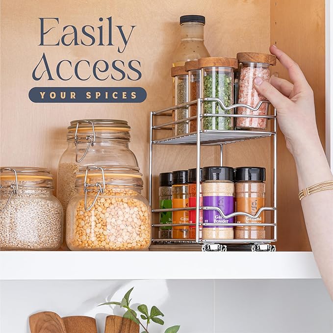 Pull Out Cabinet Organizer for Spices, Cans - Heavy Duty with Lifetime Limited Warranty- Pull Out Spice Rack- Cabinet Pull Out Shelf for Cans,Dishes, Etc, 4-1/2"W x 10-3/8"D x 8-7/8H, Chrome