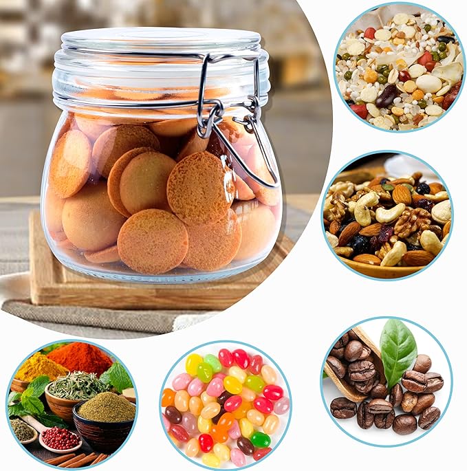 Glass Jars With Airtight Lids 16 OZ 2 Set Wide Mouth Food Storage Canisters Leakproof Sealed Jar Containers With Clamp Lids For Coffee,Sugar, Spices,Snacks, Pickles,Cereal,Tea Bags,Candy,Cookies