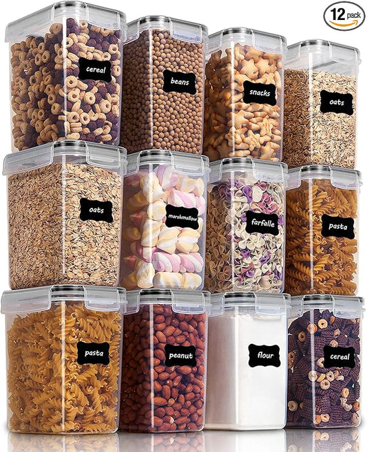 Vtopmart Airtight Food Storage Containers 12 Pieces 1.5qt / 1.6L- Plastic BPA Free Kitchen Pantry Storage Containers for Sugar, Flour and Baking Supplies - Dishwasher Safe - Include 24 Labels, Black