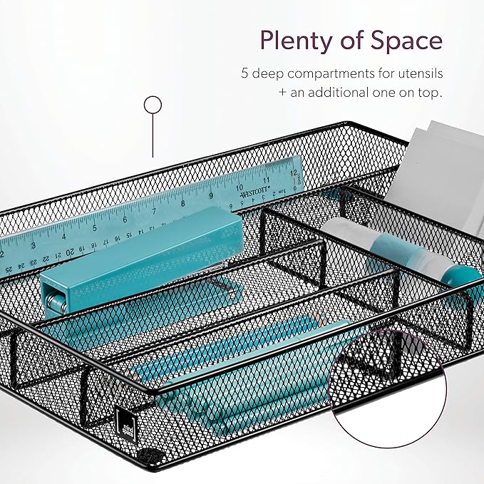 Mindspace Cutlery Tray, 6 Compartments | Kitchen Utensil Silverware Tray | Flatware Drawer Organizer | The Mesh Collection, Black