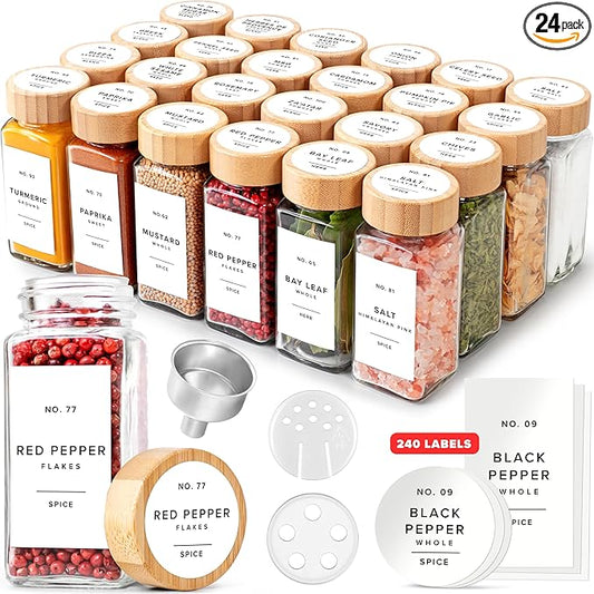 EDELHAUS® Glass Spice Jars with Bamboo Lids (24 x 4oz) Spice Containers with 240 Labels, Steel Funnel, Empty Square Seasoning Organizer for Spice Rack, Cabinet, Drawer [4.3 in × 1.8 in]
