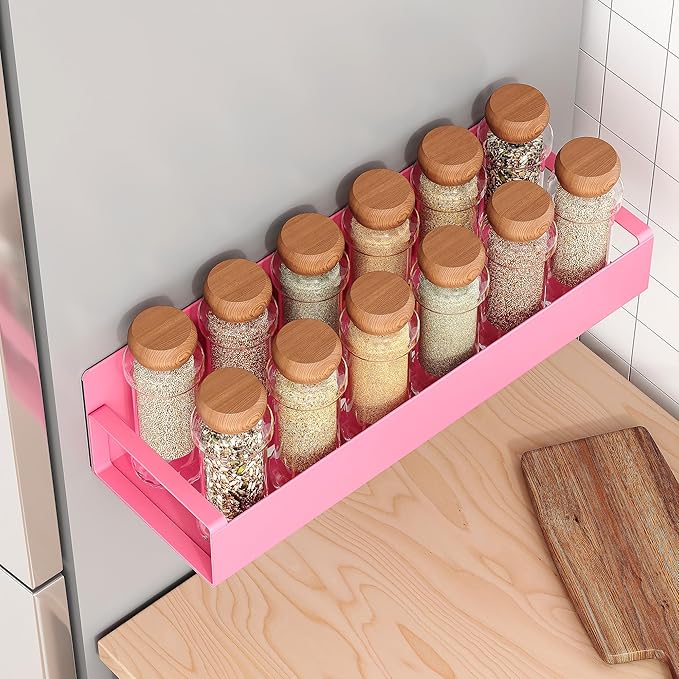 4 Pack Moveable Fridge Magnetic Spice Racks,Metal Pink