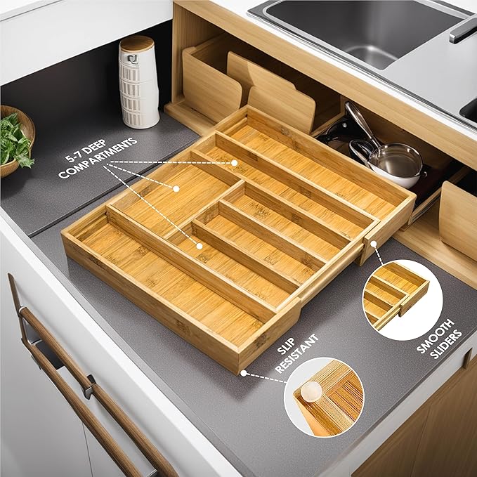 HOMESTEAD Nature Bamboo Drawer Organizer - Silverware Drawer Organizer, Expandable Drawer, Spoon and Fork Organizer for Kitchen & Versatile in Bedroom, Office, Cosmetics