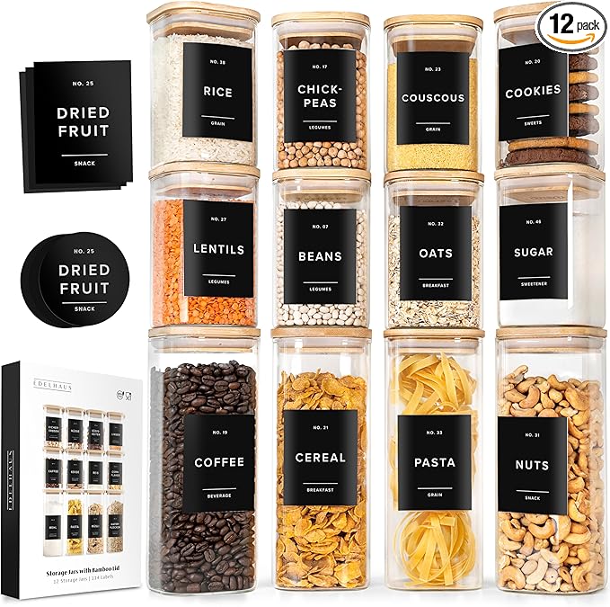 Square Glass Storage Containers with Bamboo Lids 12-Pack (4x 30 oz, 8x 17 oz) Airtight Storage Jars with Lids for Food, Stackable Kitchen Canisters with 114 Labels for Pantry [Thicker Glass 3mm]