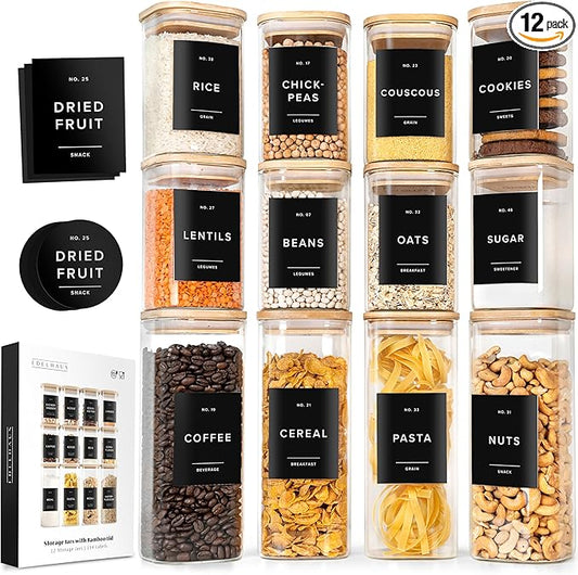 Square Glass Storage Containers with Bamboo Lids 12-Pack (4x 30 oz, 8x 17 oz) Airtight Storage Jars with Lids for Food, Stackable Kitchen Canisters with 114 Labels for Pantry [Thicker Glass 3mm]