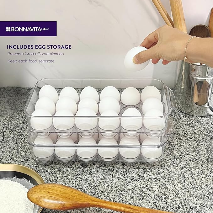 Clear Stackable Storage Containers with Lids BPA-Free Organizer Bins for Refrigerator Pantry Fridge Drawer with Colander and Dividers for Kitchen Food Preservation and Home Organization BPA Free