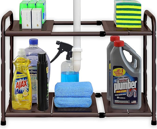 Simple Houseware Under Sink 2 Tier Expandable Heavy Duty Metal Shelf Organizer Rack, Bronze (Expand from 15 to 25 inches)