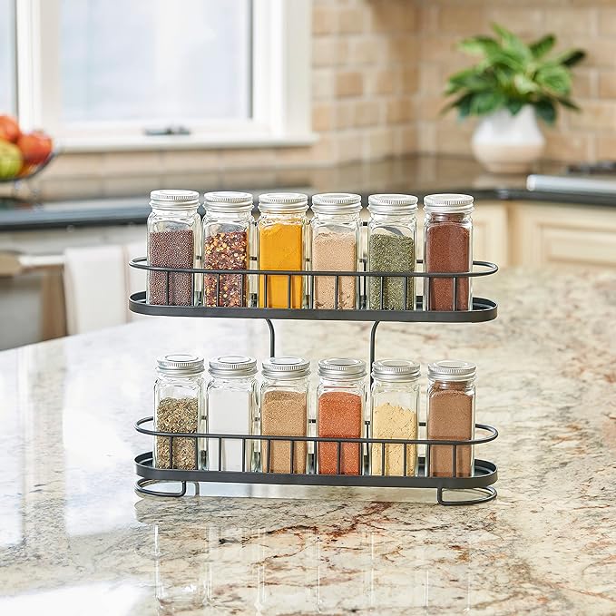Spectrum Yumi 2-Tier Spice Rack (Black) | Dining Table & Kitchen Counter Organizer, Modern Spice Rack Stand | Yumi Collection