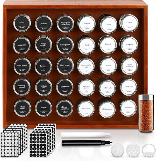 BOURBON & BARREL Wooden Spice Rack Organizer with Glass Jars | Stainless Steel Lids | Bamboo Countertop Spice Organization | 350 Waterproof Spice Labels | 2 Chalk Markers | 30 4oz Jars [Walnut]