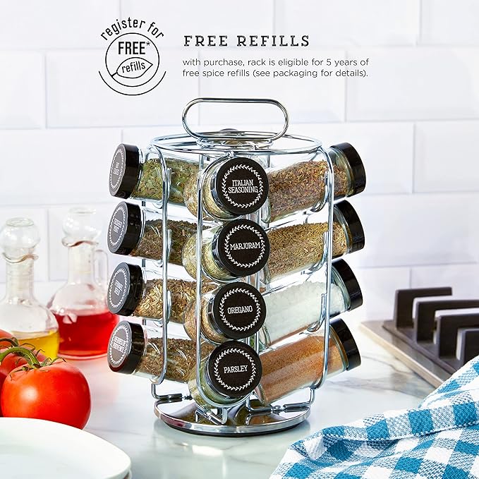 Kamenstein 16 Jar Montauk Revolving Countertop Spice Rack Organizer with Spices Included, FREE Spice Refills for 5 Years, Chrome with Black Caps