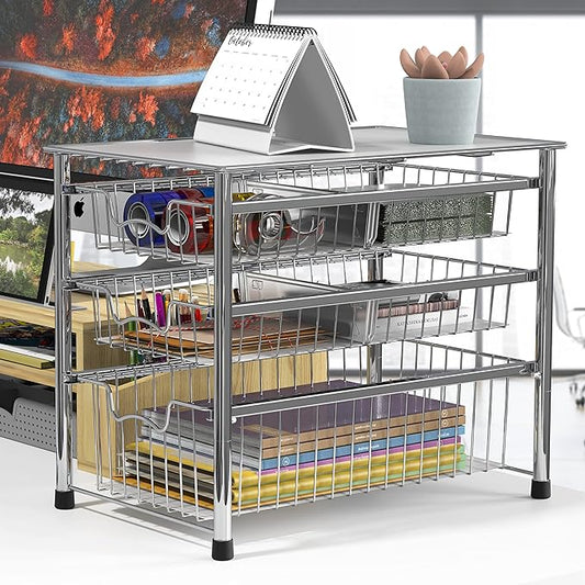 Simple Houseware Stackable 3 Tier Sliding Basket Organizer Drawer, Chrome
