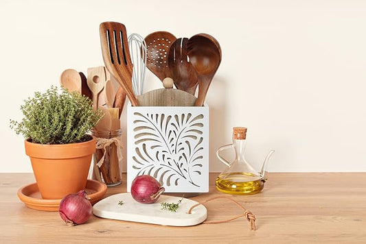 360° Rotating Kitchen Utensil Holder for Countertop, Wooden Utensil Organizer Cutlery Holder, Utensil Caddy Utensil Crock, Silverware Flatware Organizer for Spoons, Knives, Forks, 5.5" x 6.3"