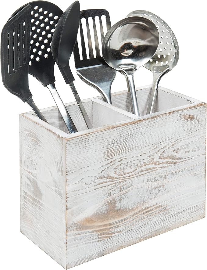MyGift Whitewashed Wood Kitchen Utensil Holder Organizer, Countertop Flatware Silverware Cooking Utensil Crock Storage Caddy with 2 Compartments