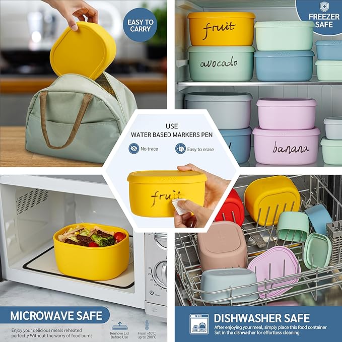 ISSEVE 12Pcs/Set Nesting Silicone Food Storage Containers with Lids, BPA Free Reusable Meal Prep Silicone Containers Airtight, Freezer Dishwasher Safe (33.8oz, 20oz, 10oz, 6.7oz, 1.3oz) (Yellow)