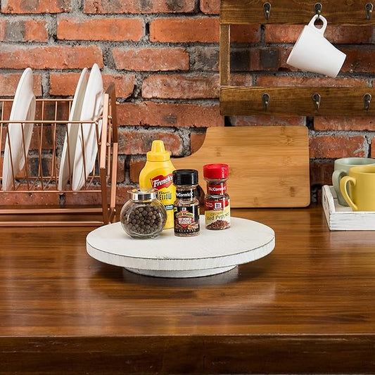 MyGift 12.8 Inch Round Vintage White Wood Lazy Susan Spinning Turntable Tray, Rotating Wooden Countertop Spice Rack, Kitchen Cabinet Organizer Home Decor