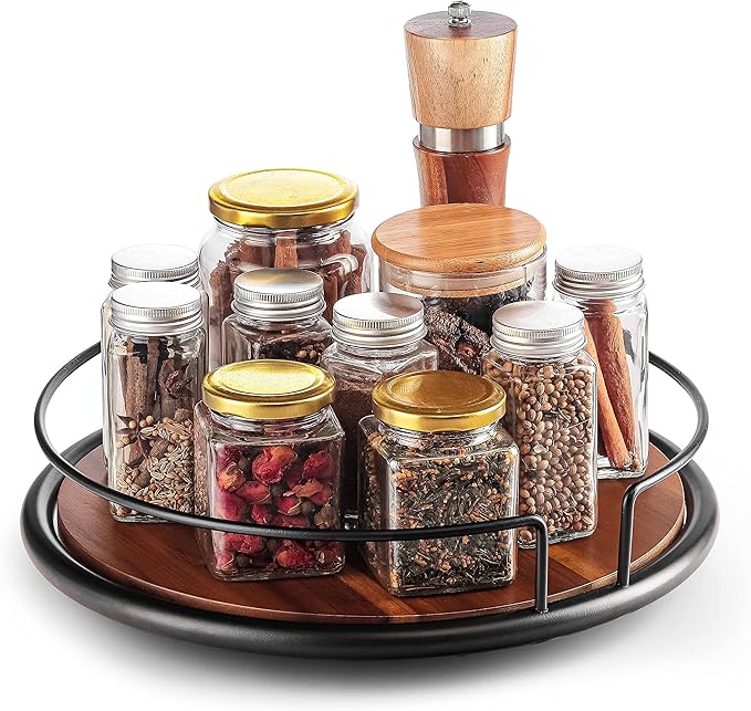 13" Acacia Wood Lazy Susan Turntable with Metal Frame for Table Top - Wooden Serving Tray Rotating for Kitchen Counter - Centerpiece Organizer Storage Food Bin Container for Pantry, Fridge