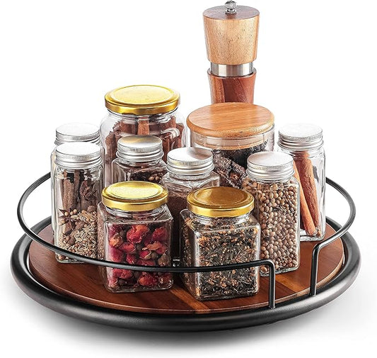 13" Acacia Wood Lazy Susan Turntable with Metal Frame for Table Top - Wooden Serving Tray Rotating for Kitchen Counter - Centerpiece Organizer Storage Food Bin Container for Pantry, Fridge