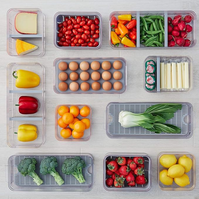 iDesign Recycled Plastic Crisp Produce Storage Containers with Lid and Colander Basket Designed to Keep Food Fresh Longer, 8.32” x 6.32” x 3.76”, Clear/Gray