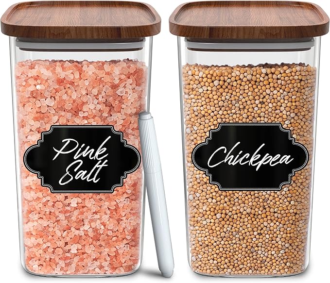 Square Glass Jars with Wood Lids Set of (2) 52 fl oz Airtight and Stackable ECO Storage Containers for Kitchen Pantry Wooden Lid BPA Free and Recyclable Canister for Food Cookies Coffee Beans