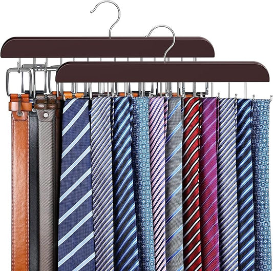 2 Pack Tie Rack & Belt Hanger 2 in 1 Tie Hanger Space Saving Max 42 Belts& 60 Ties Capacity for Closet Organizers and Storage, Sturdy Wood Belt & Tie Collection Organizer