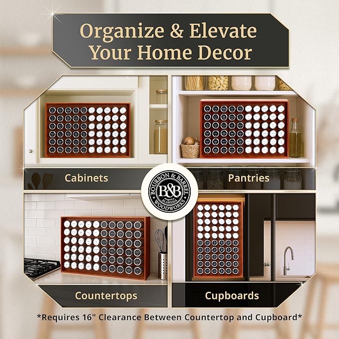BOURBON & BARREL Wooden Spice Rack Organizer with Glass Jars | Stainless Steel Lids | Bamboo Countertop Spice Organization | 350 Waterproof Spice Labels | 2 Chalk Markers | 60 4oz Jars [Walnut]