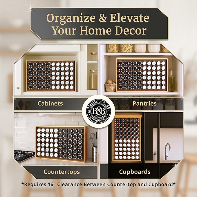 BOURBON & BARREL Wooden Spice Rack Organizer with Glass Jars | Stainless Steel Lids | Bamboo Countertop Spice Organization | 350 Waterproof Spice Labels | 2 Chalk Markers | 60 4oz Jars [Bamboo]